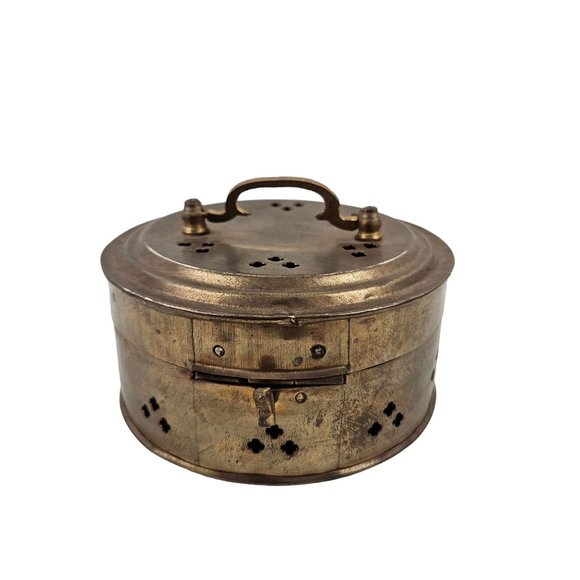 Vintage Round Cricket Keeper Box Trinket Potpourri Brass Handle Latch Lock - Picture 9 of 10